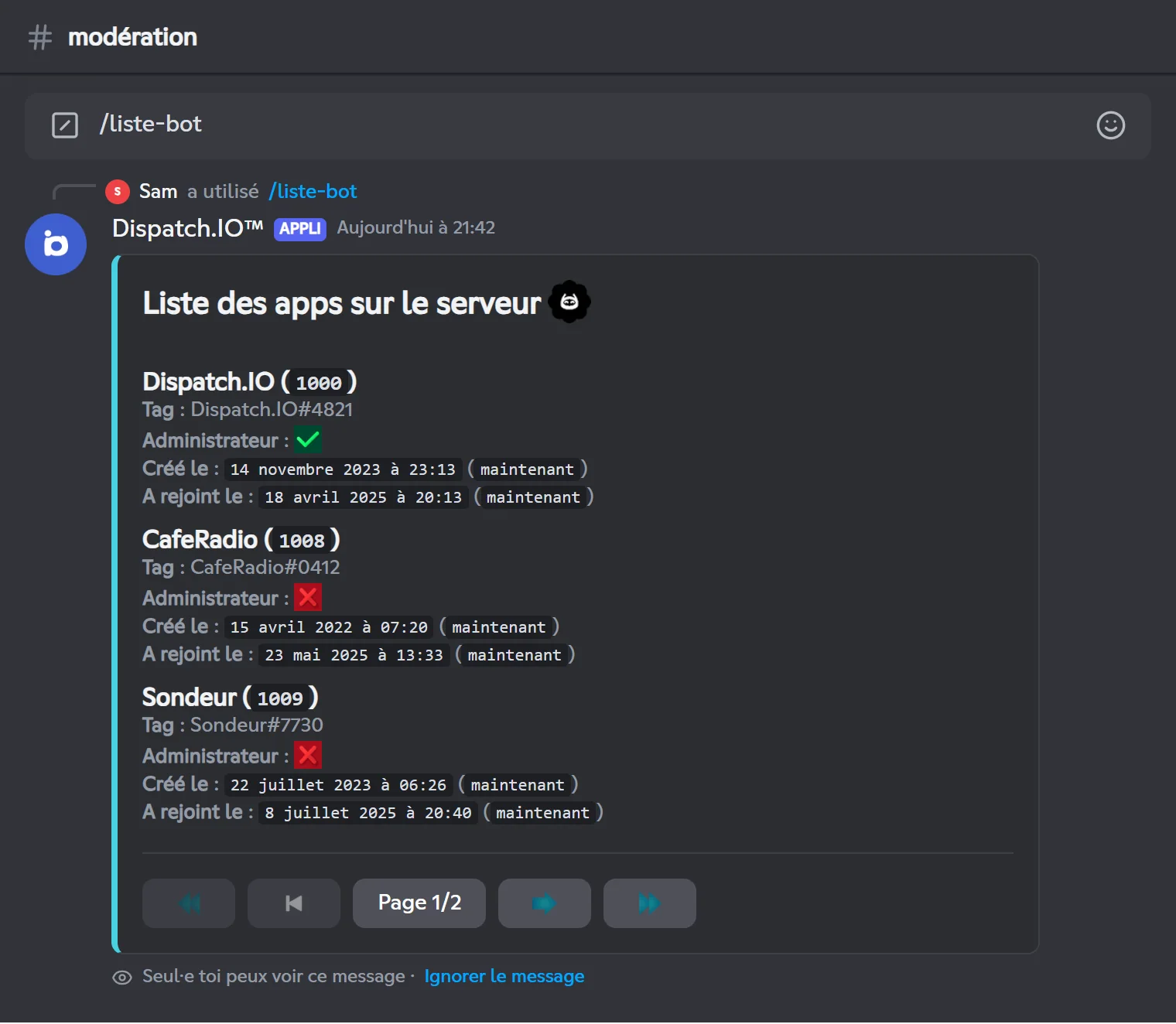 Liste des apps du serveur Café des Devs affichée par /botlist