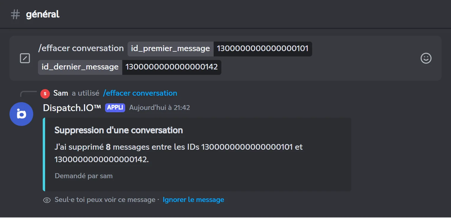 Réponse de /clear conversation : 8 messages supprimés entre deux IDs