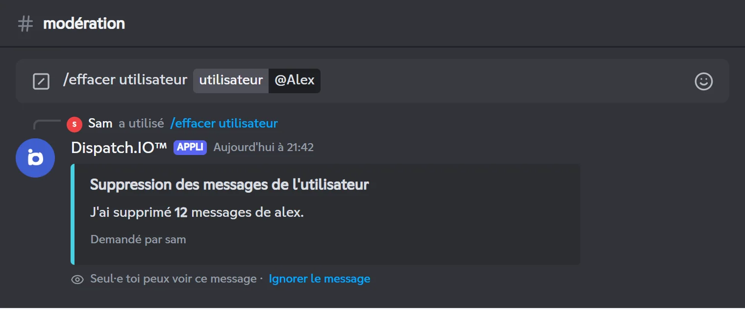 Réponse de /clear user : 12 messages d'Alex supprimés