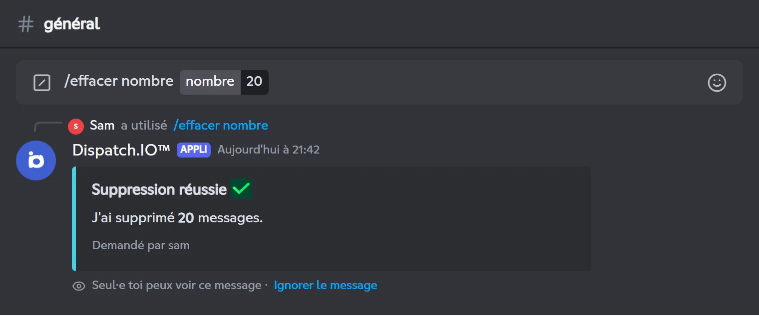 Réponse de /clear number : 20 messages supprimés