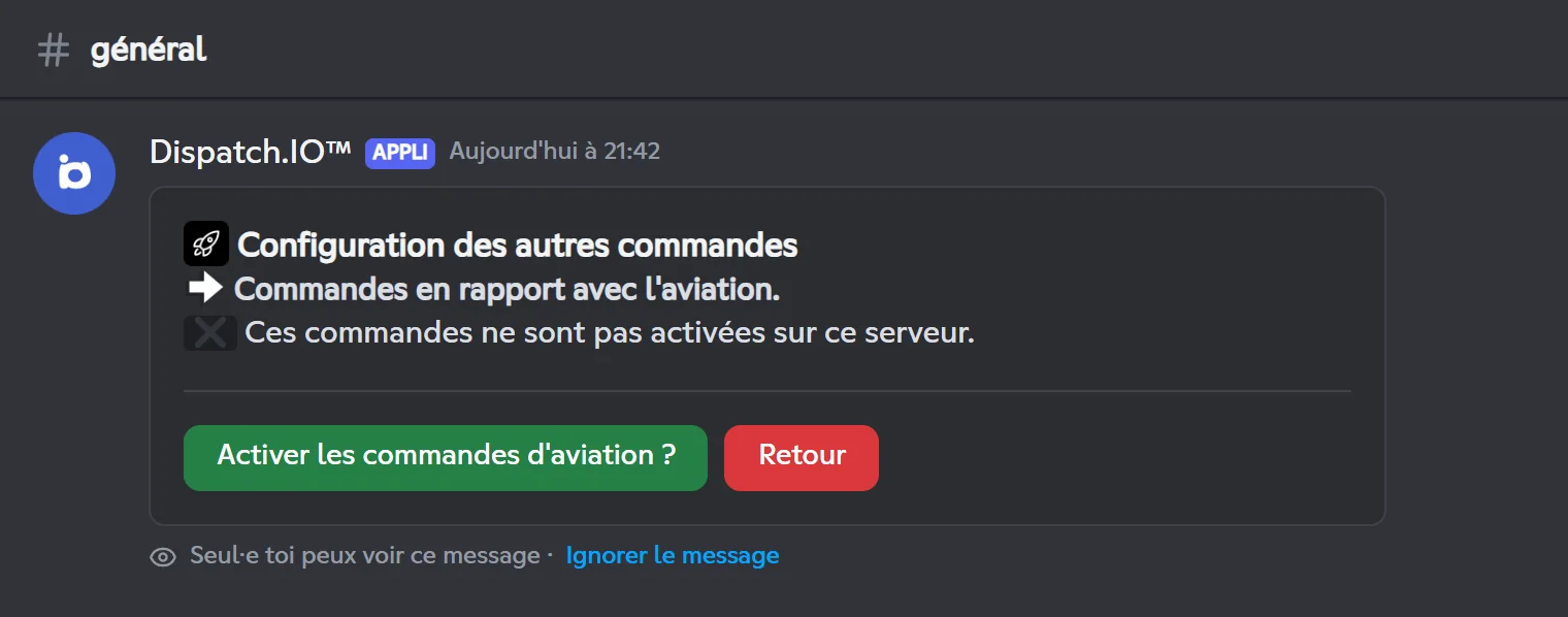 L'écran de /config qui active ou désactive le pack d'aviation. Écran Autres commandes de /config avec le bouton Activer les commandes d'aviation
