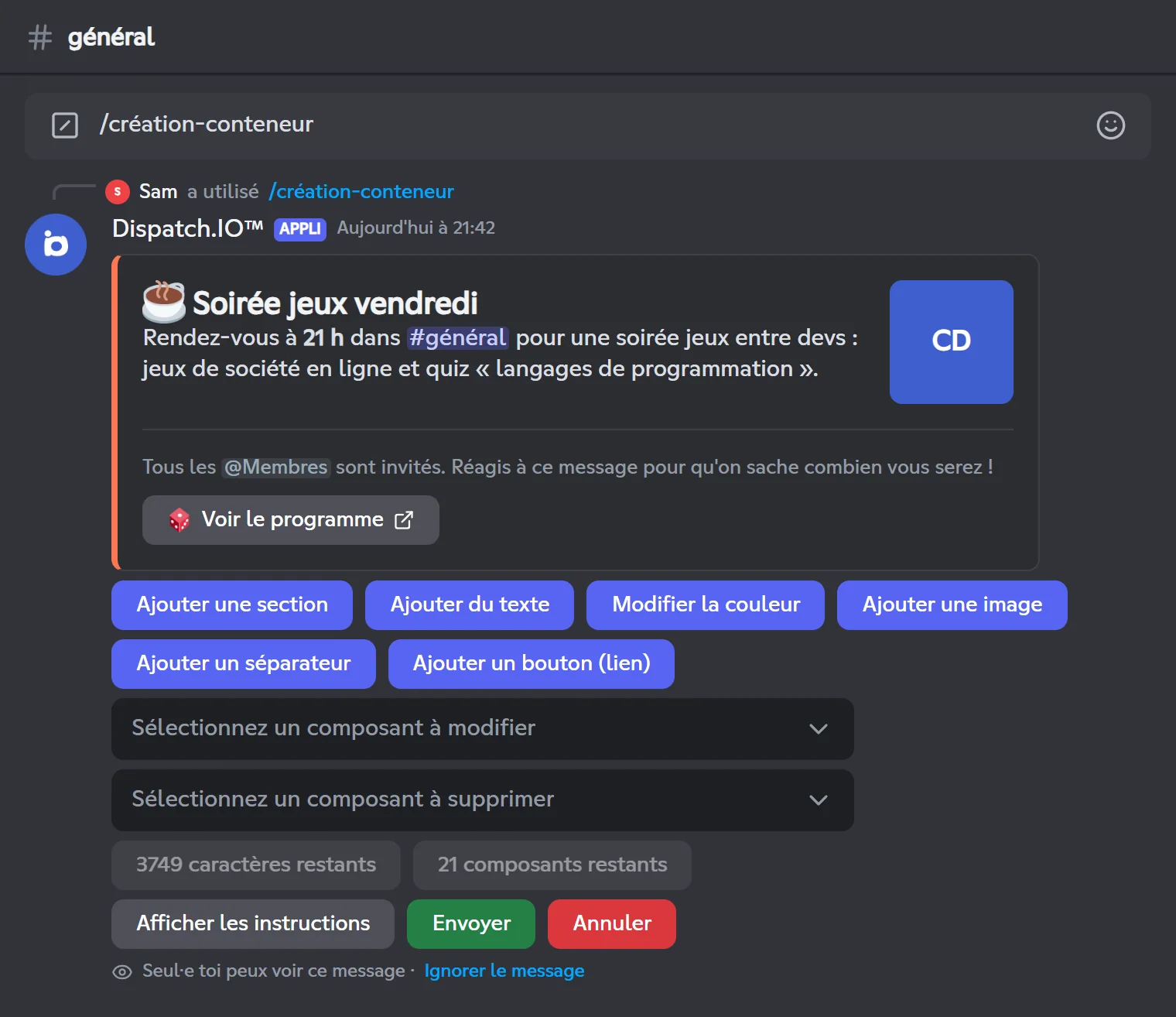Prévisualisation du conteneur dans le constructeur