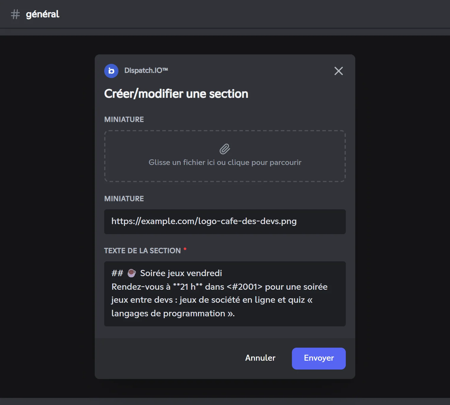 Fenêtre pour créer une section