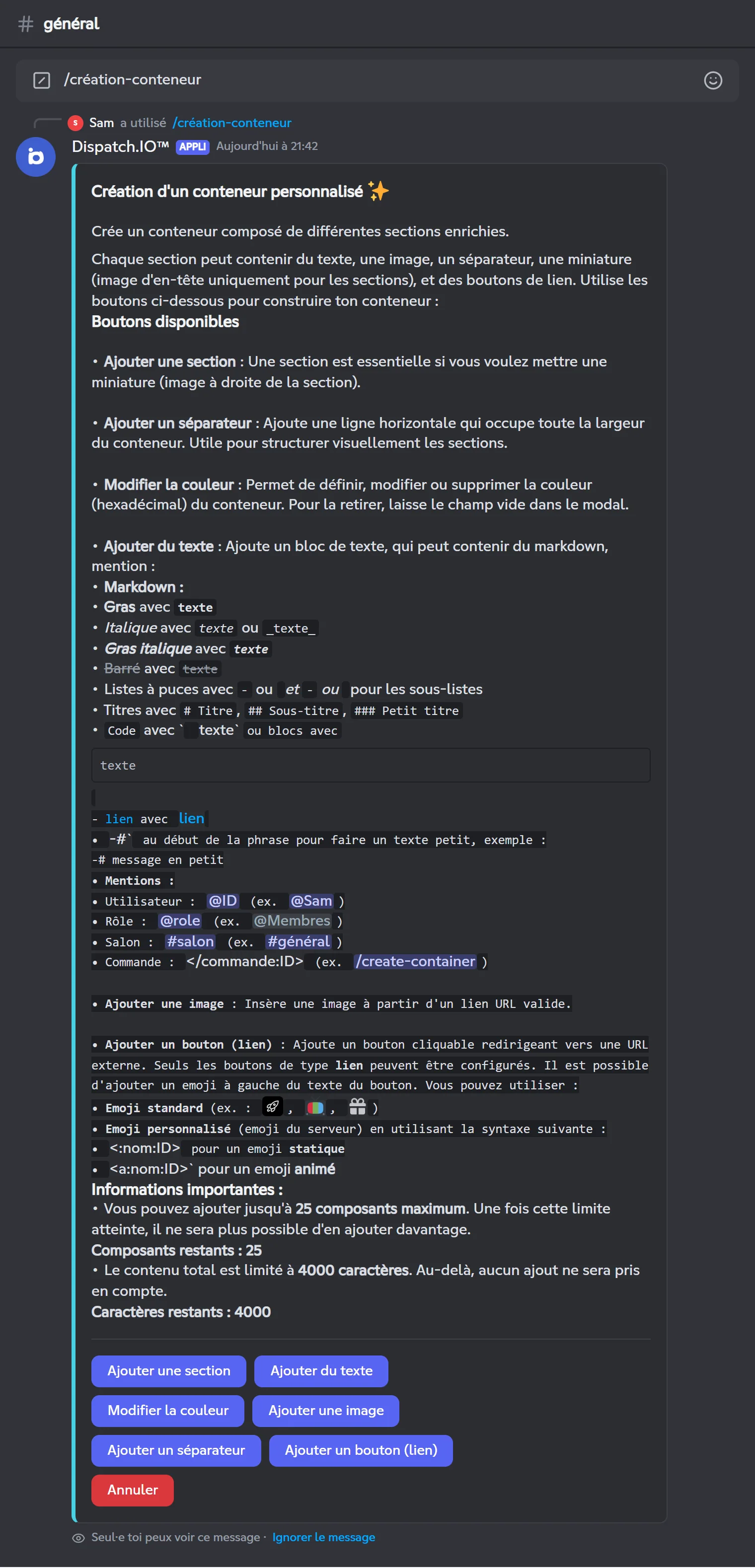 Constructeur vide de /create-container avec les instructions et les boutons
