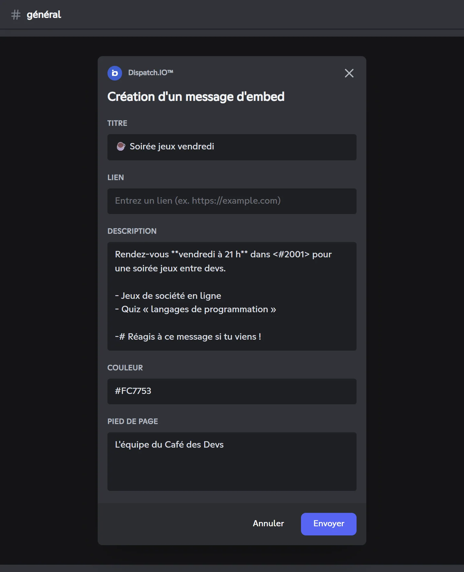 Fenêtre de saisie de /create-embed
