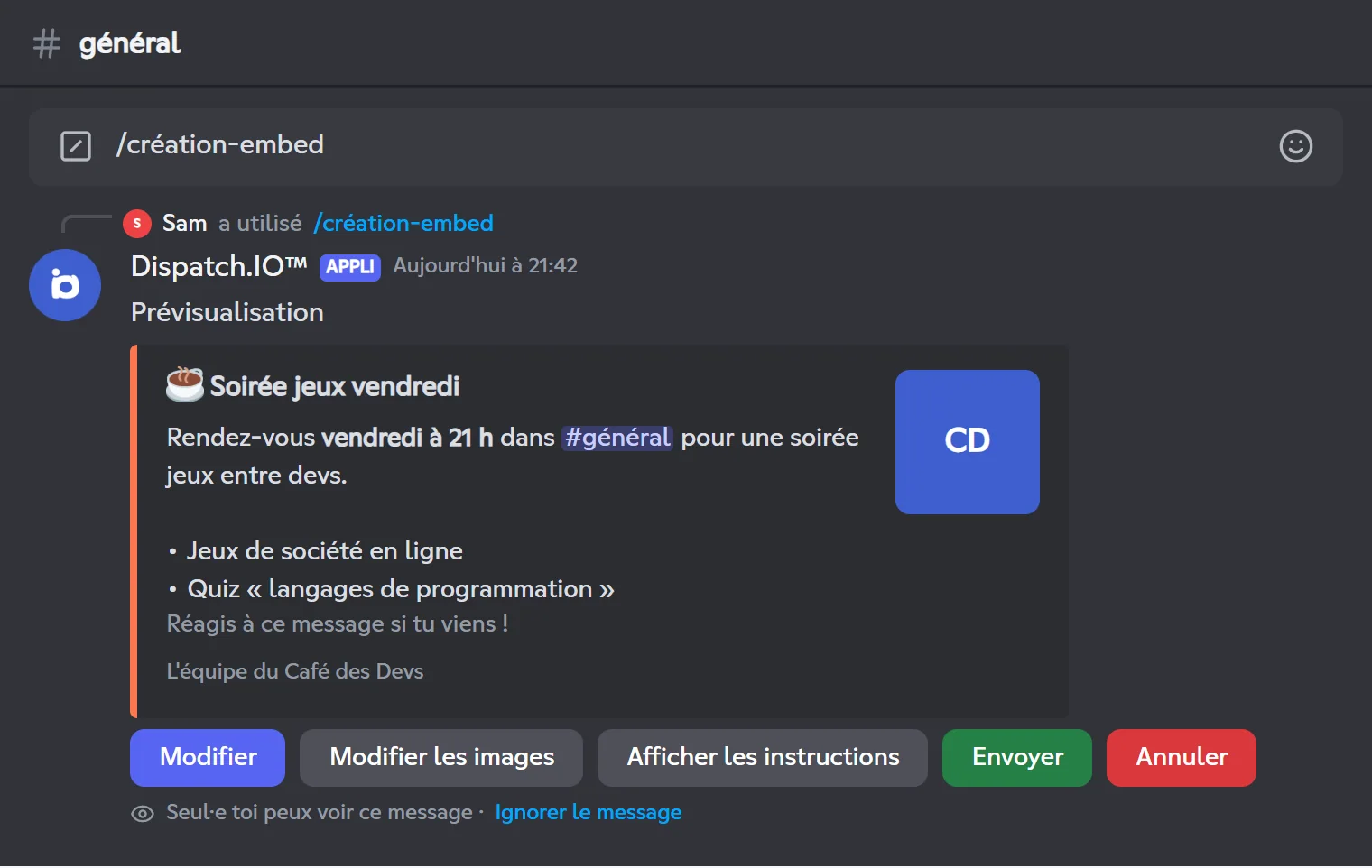 Prévisualisation de l'embed dans le constructeur