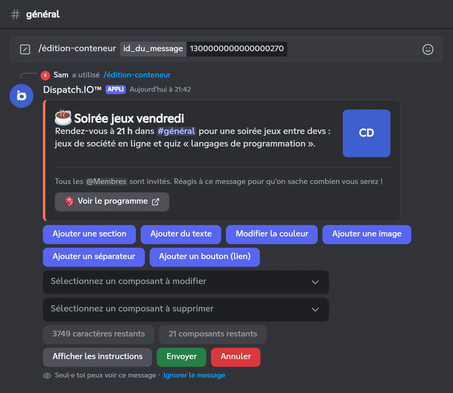 Constructeur de /edit-container ouvert sur un conteneur existant
