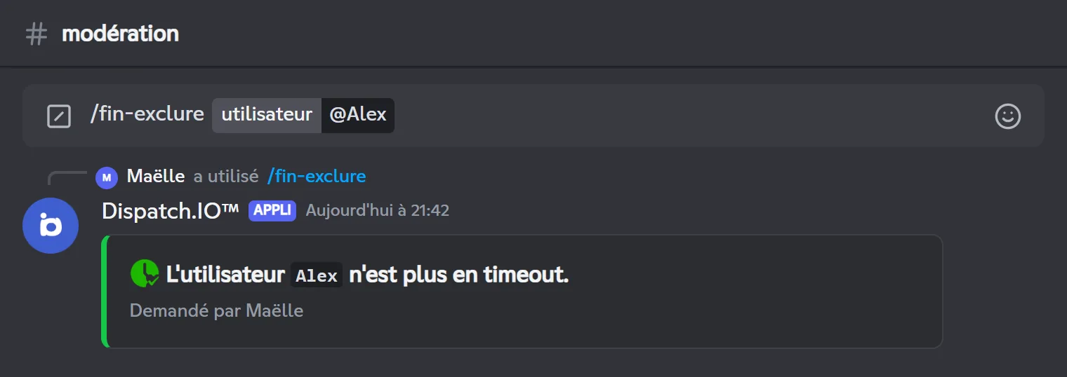 Réponse de /end-timeout : Alex n'est plus en timeout