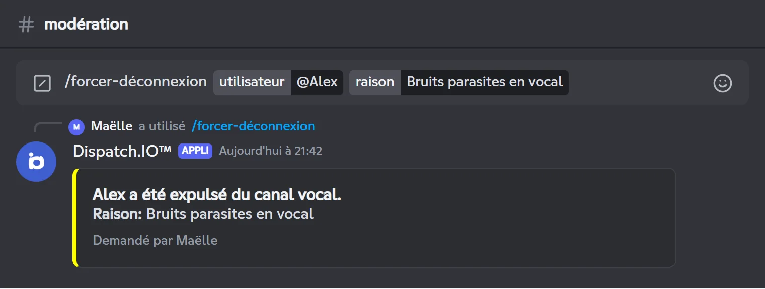 Réponse de /force-disconnect : Alex a été expulsé du canal vocal