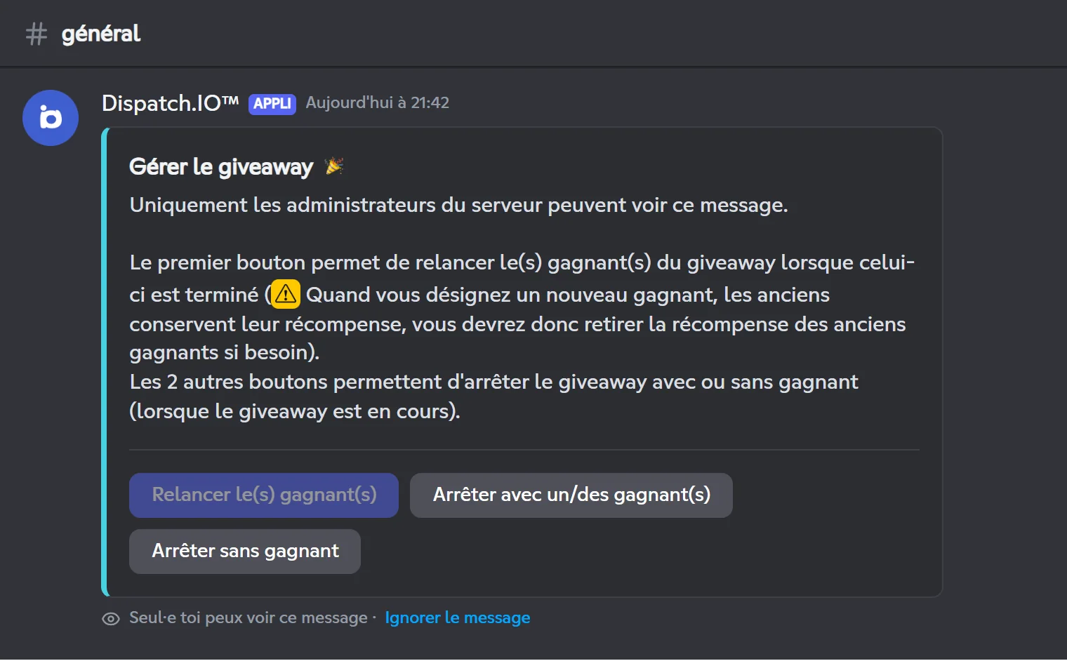 Relancer n'est possible qu'une fois le giveaway terminé. Panneau de gestion d'un giveaway en cours