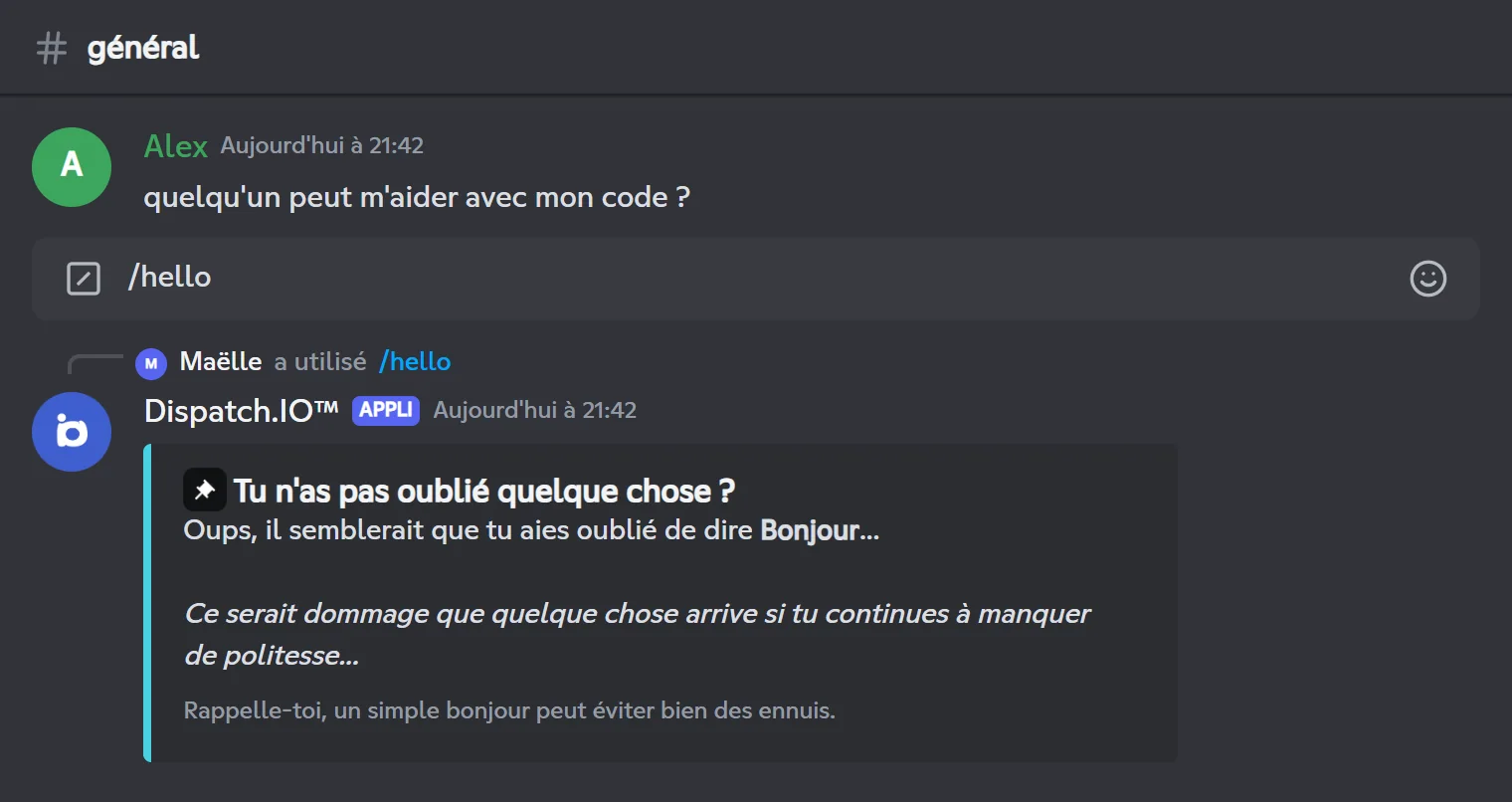 Réponse de /hello après un message sans bonjour