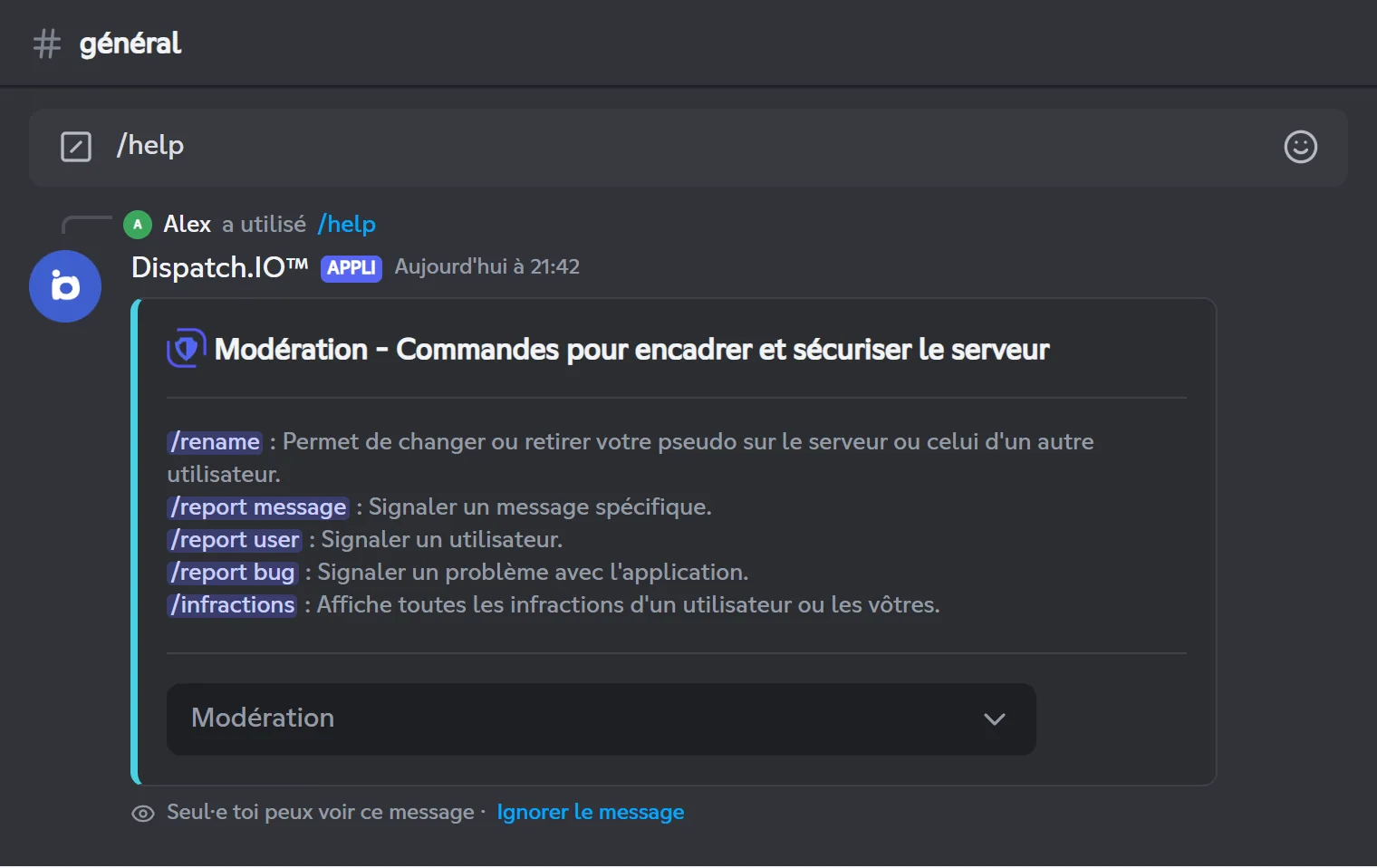 Catégorie Modération de /help pour un membre sans permission particulière