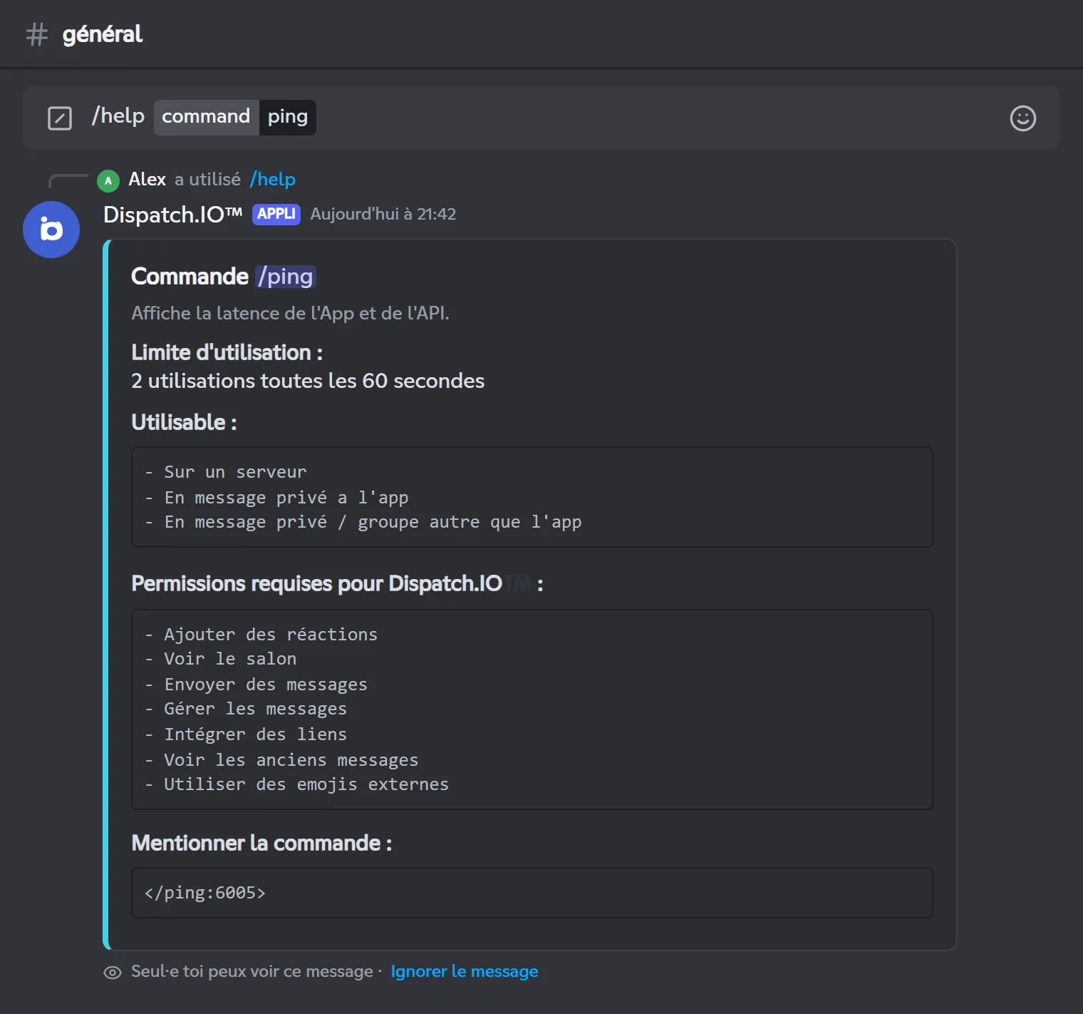 Fiche détaillée de /ping affichée par /help command:ping