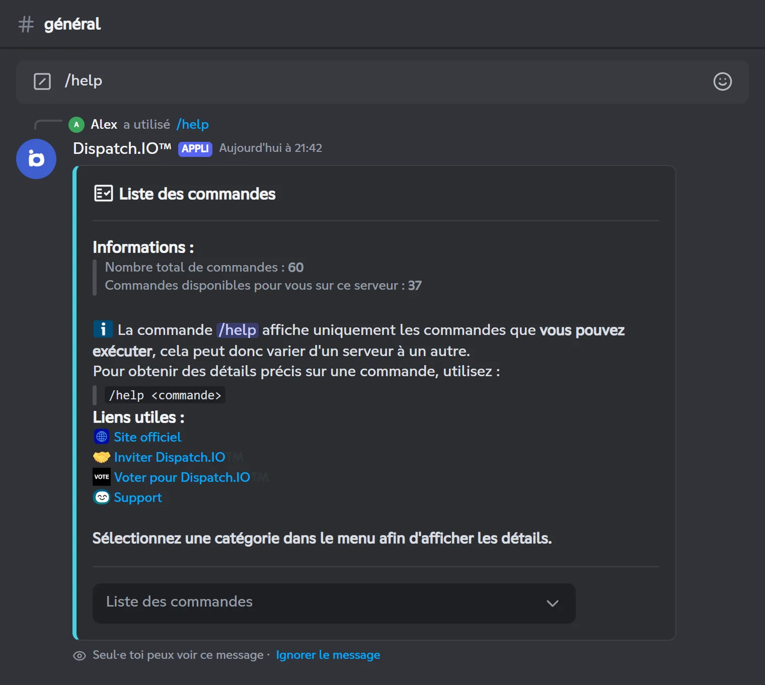 Réponse de /help : page d'accueil de l'aide avec le menu des catégories