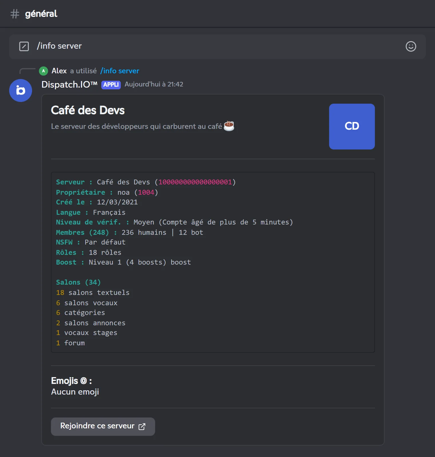 Réponse de /info server pour le serveur Café des Devs