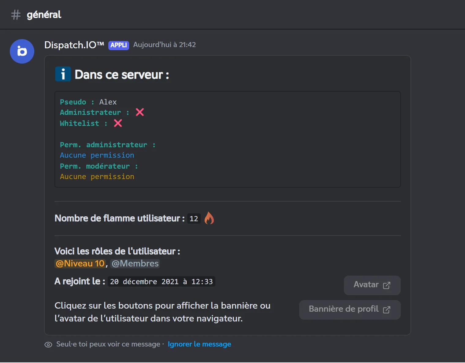 Réponse privée du bouton Sur ce serveur pour Alex