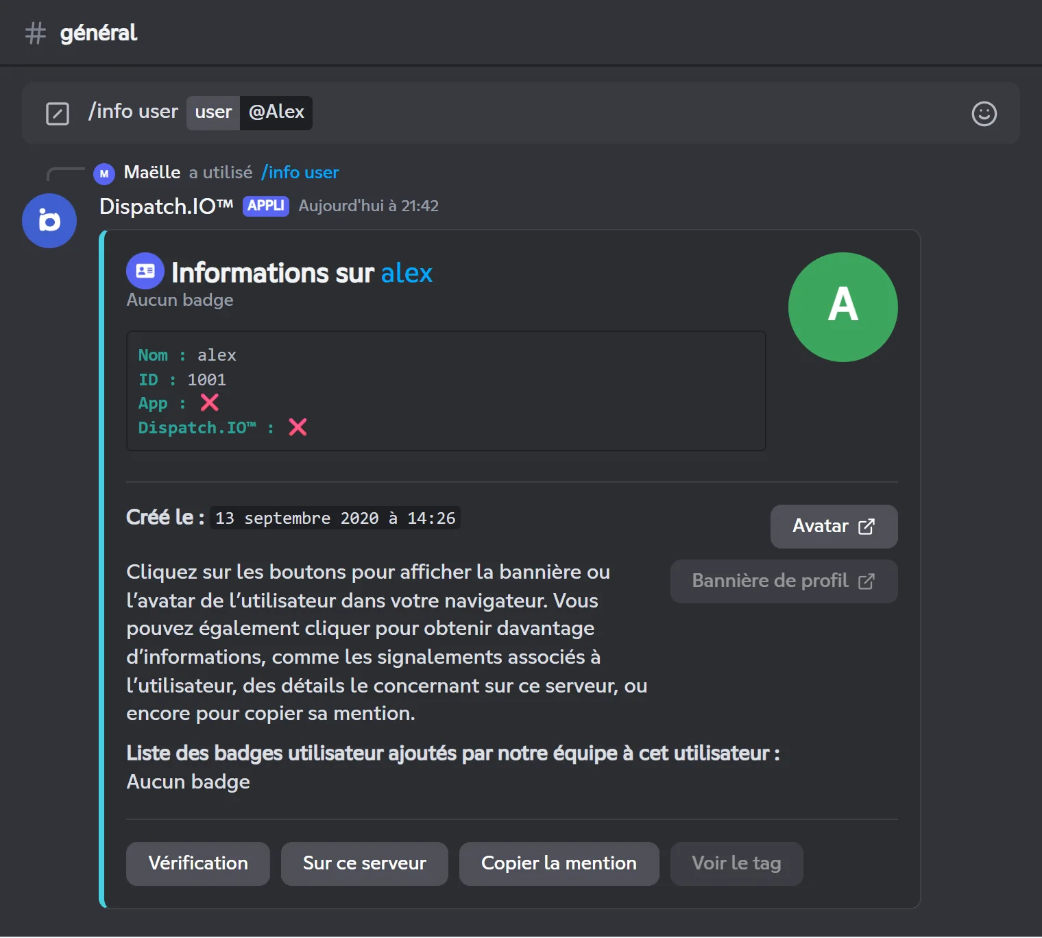 Réponse de /info user pour Alex avec les boutons Vérification, Sur ce serveur, Copier la mention et Voir le tag