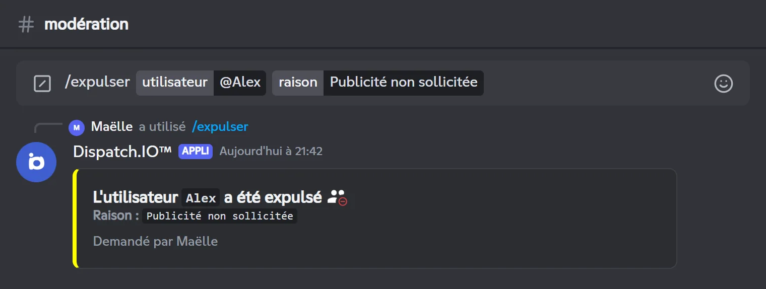 Réponse de /kick : Alex a été expulsé