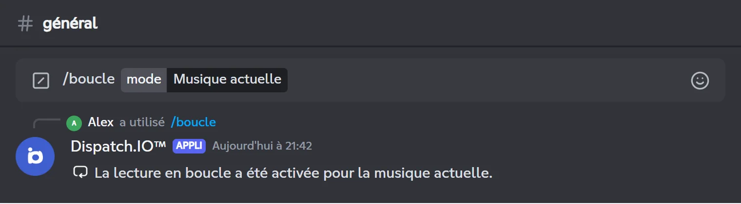 Réponse de /loop : la lecture en boucle est activée pour la musique actuelle