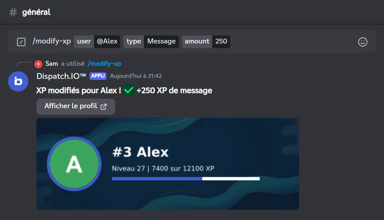 Réponse de /modify-xp : « XP modifiés pour Alex ! +250 XP de message » avec la nouvelle carte de niveau