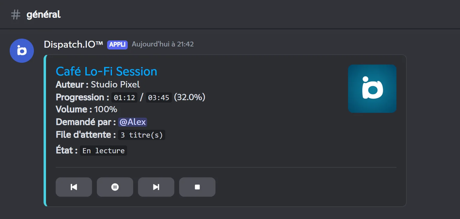 Le message du lecteur : titre, progression, volume, file d'attente et boutons de contrôle. Message du lecteur de musique de Dispatch.IO avec ses quatre boutons