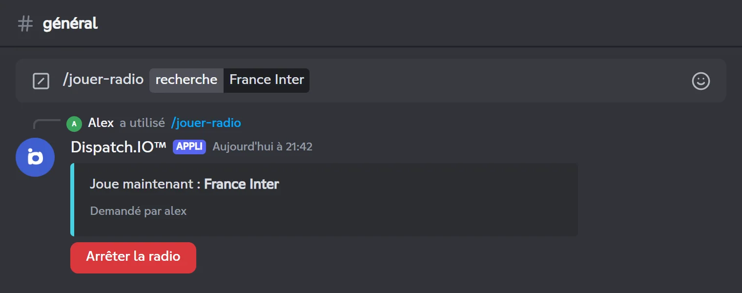 Réponse de /play-radio avec le bouton Arrêter la radio