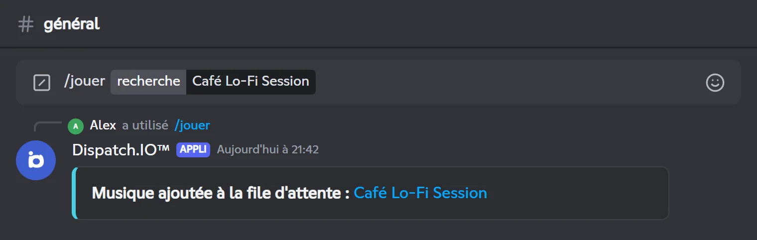 Réponse de /play : Café Lo-Fi Session ajoutée à la file d'attente