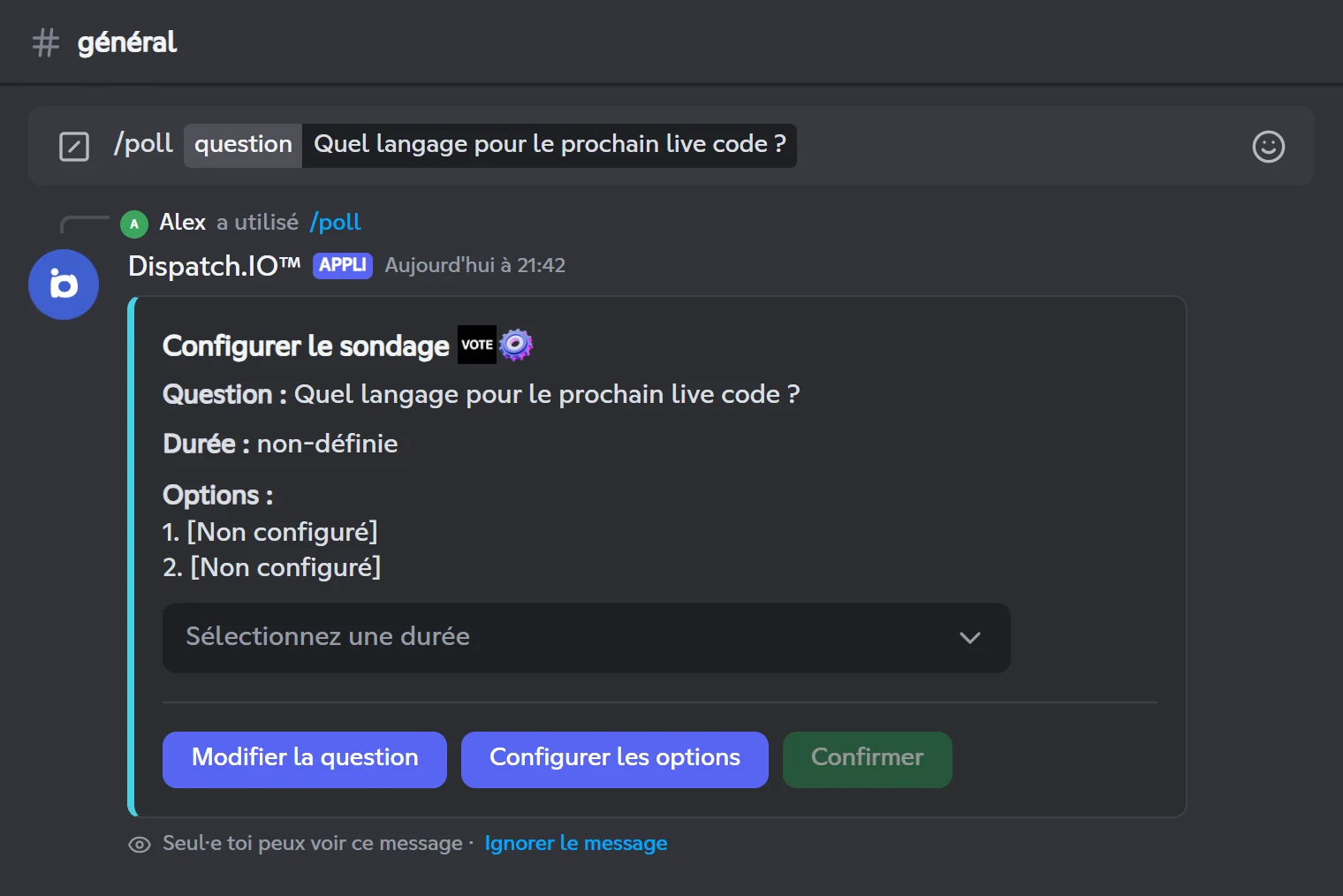 Le panneau de configuration de /poll, visible seulement par toi