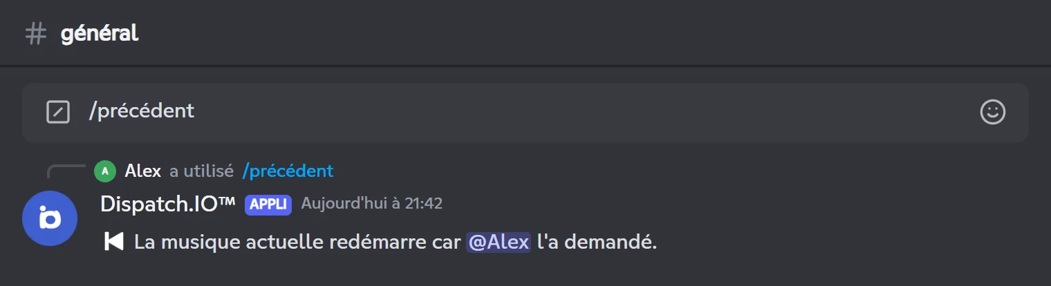 Réponse de /previous : la musique actuelle redémarre à la demande d'Alex