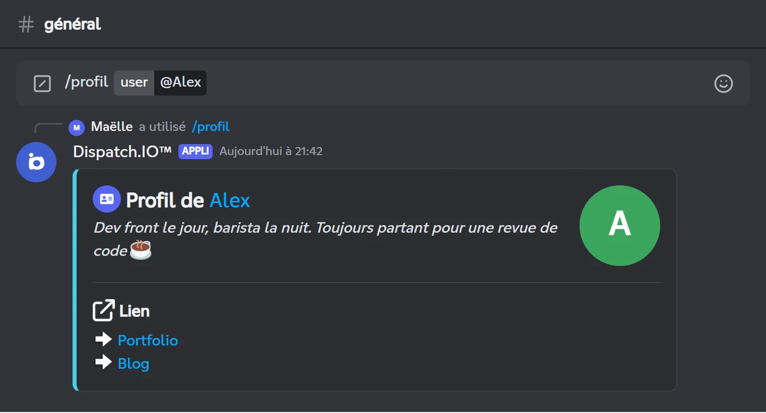 Réponse de /profil pour Alex avec sa description et deux liens