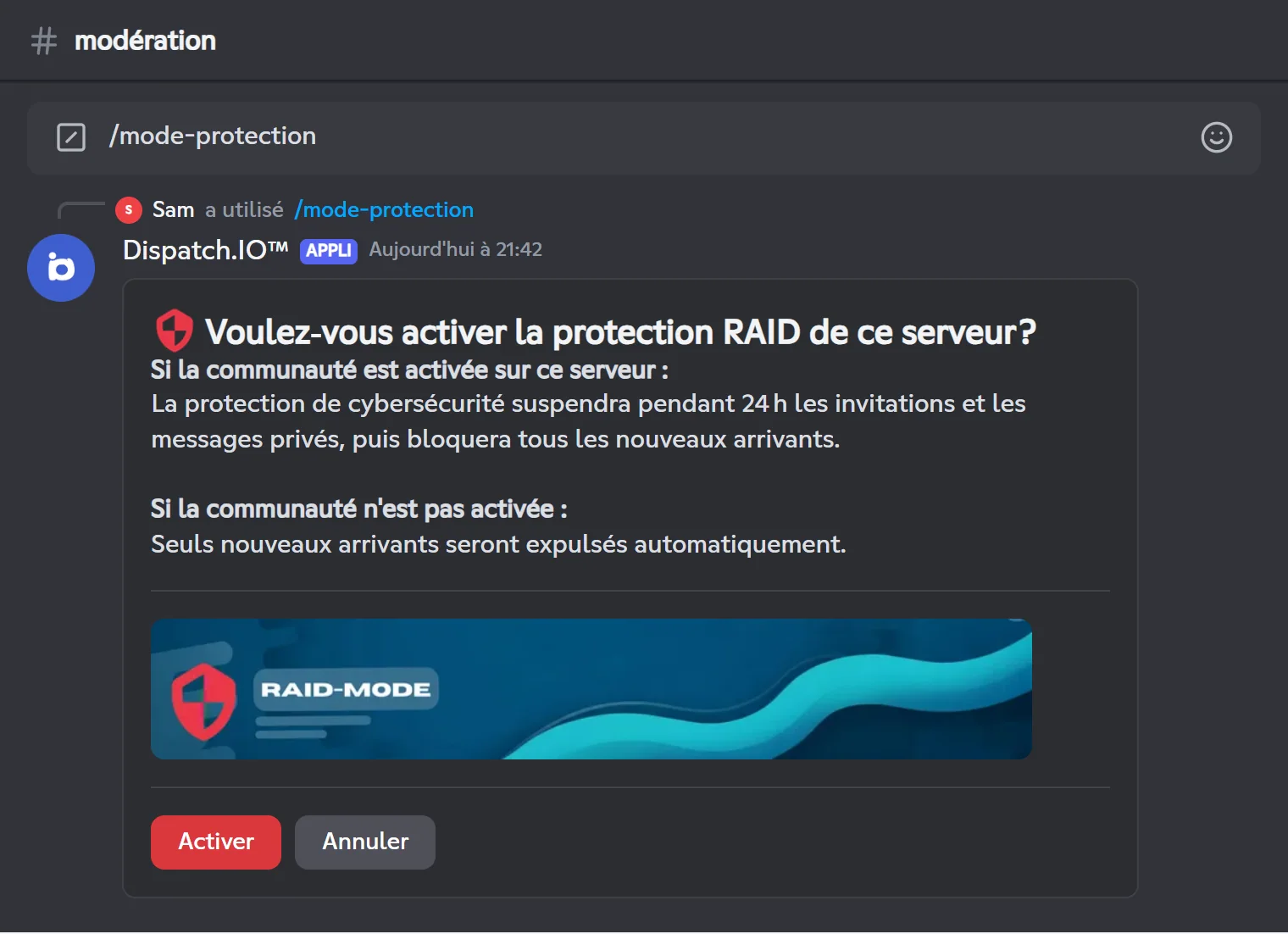 Panneau de /raid-mode proposant d'activer la protection