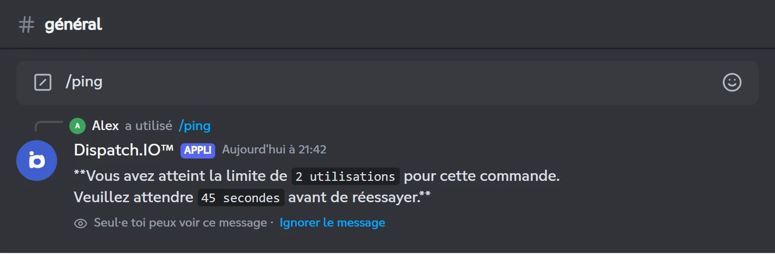 Limite atteinte : le bot indique le temps à attendre. Message privé du bot indiquant que la limite d'utilisation de /ping est atteinte