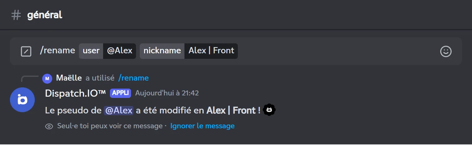 Réponse privée de /rename après que Maëlle a renommé Alex