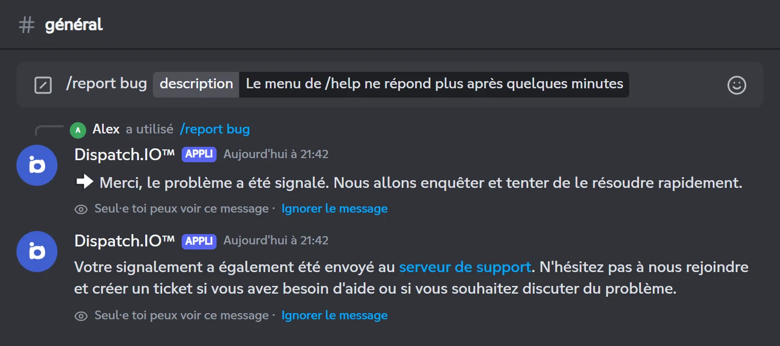 Réponses privées de /report bug