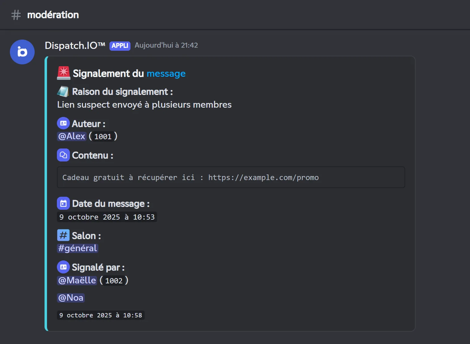 Signalement d'un message d'Alex publié dans le salon de logs des sanctions