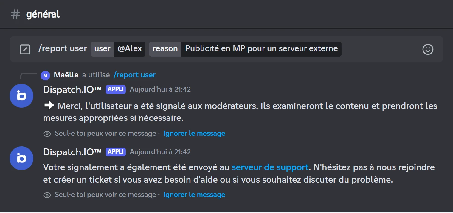 Réponses privées de /report user : confirmation puis invitation au serveur de support
