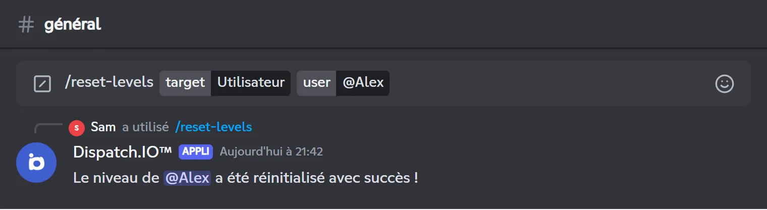 Réponse de /reset-levels pour un membre : « Le niveau de @Alex a été réinitialisé avec succès ! »