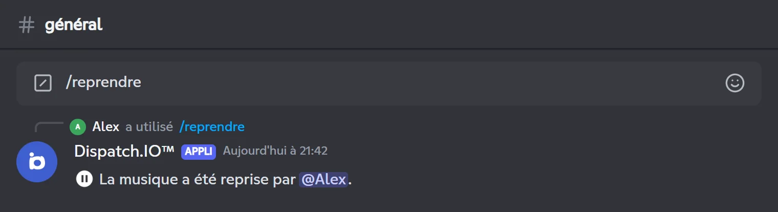 Réponse de /resume : la musique a été reprise par Alex