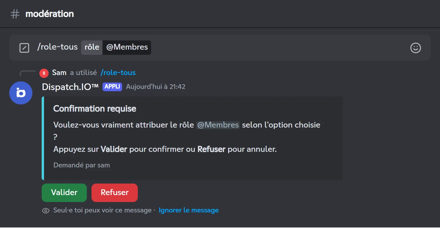 Écran de confirmation de /role-all