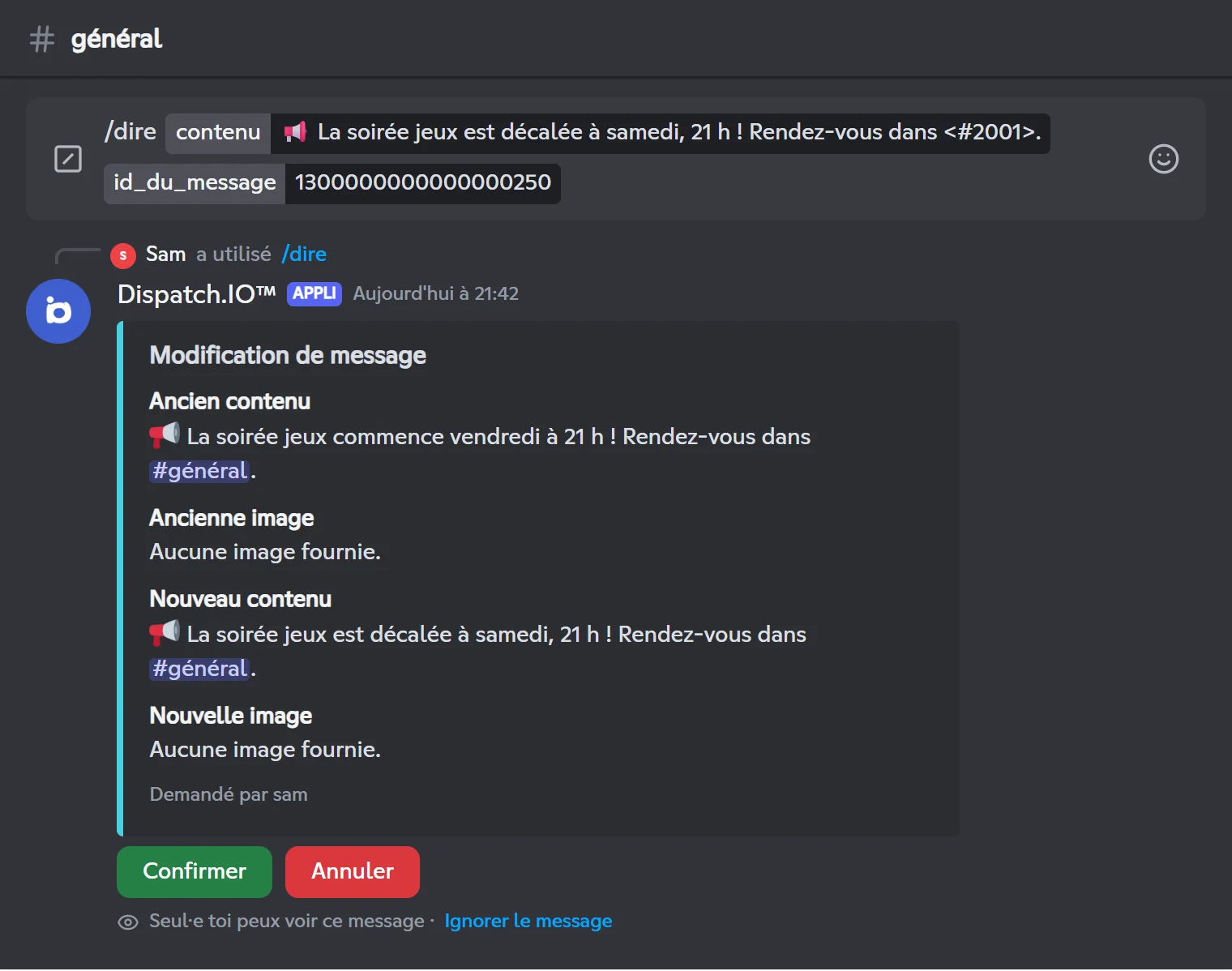 Récapitulatif avant de modifier un message avec /say