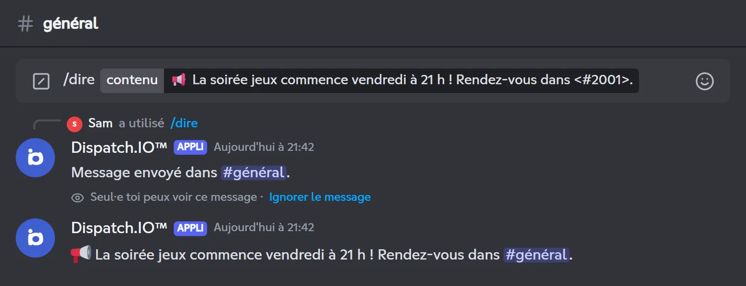 Message publié avec /say et sa confirmation