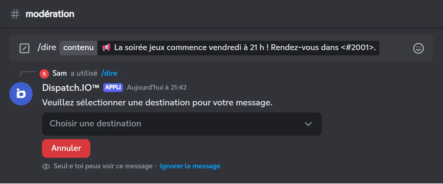 Menu de /say pour choisir où envoyer le message