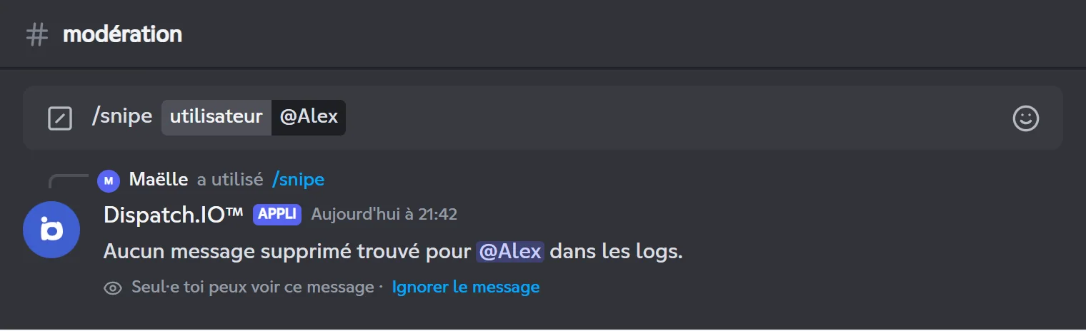 Réponse de /snipe quand aucun message supprimé n'est trouvé pour Alex
