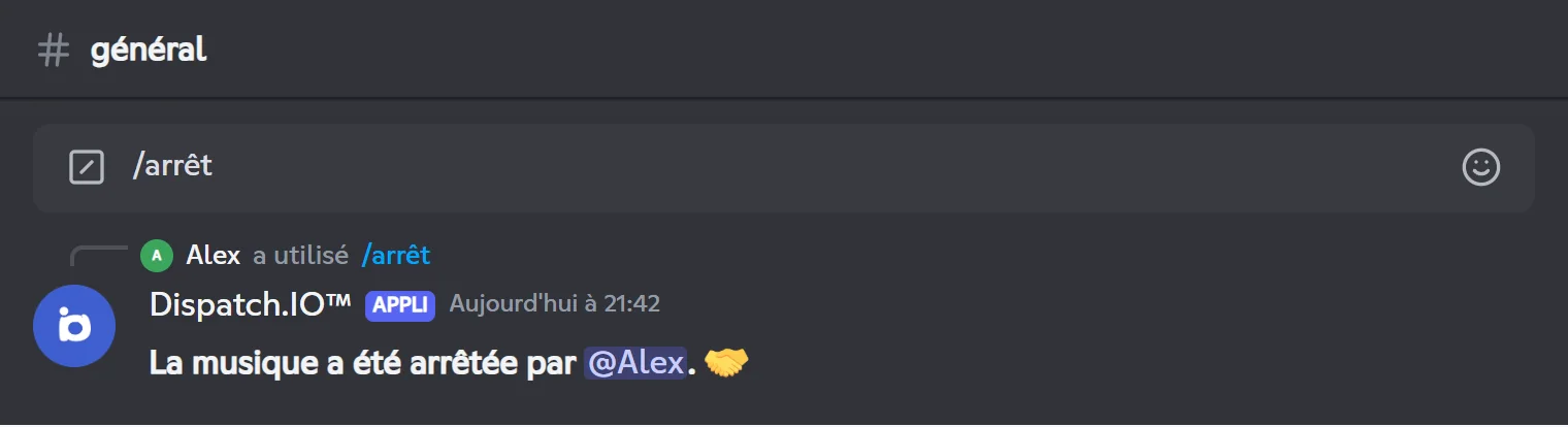 Réponse de /stop : la musique a été arrêtée par Alex
