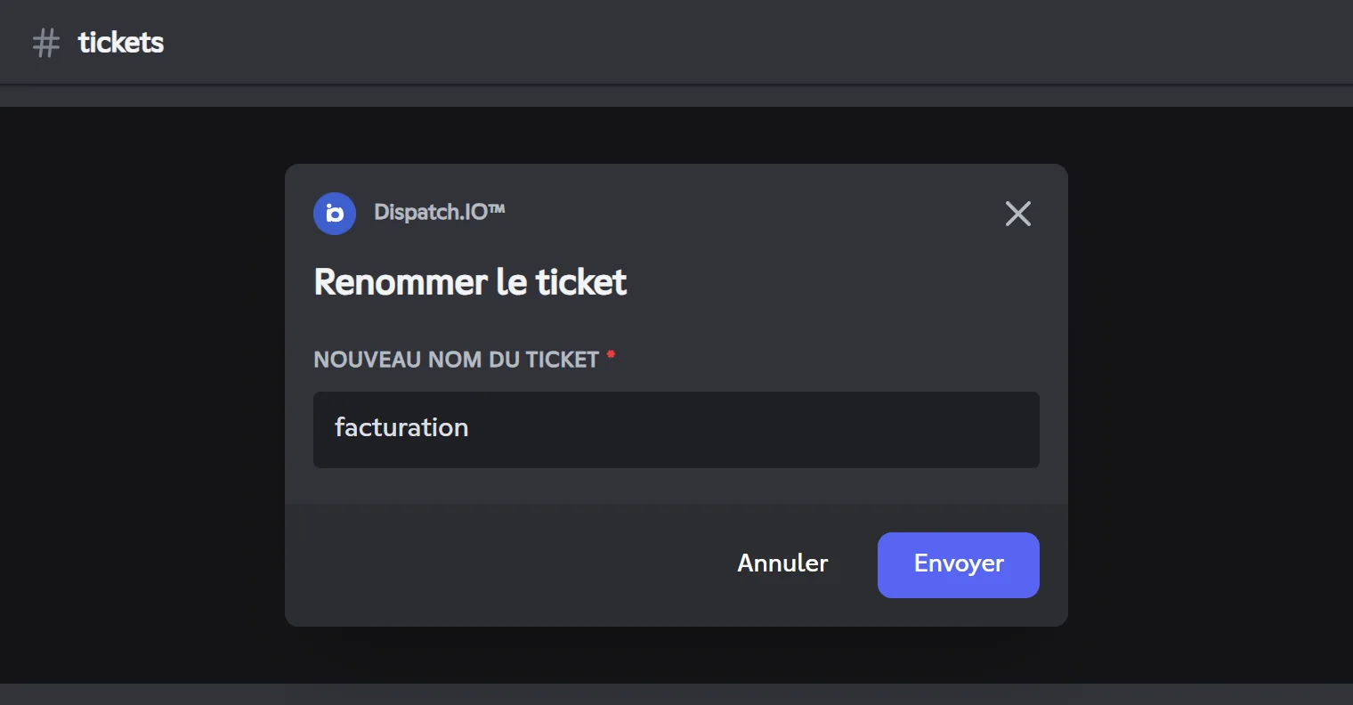 Tape seulement la fin du nom : le préfixe est ajouté automatiquement. Fenêtre Renommer le ticket