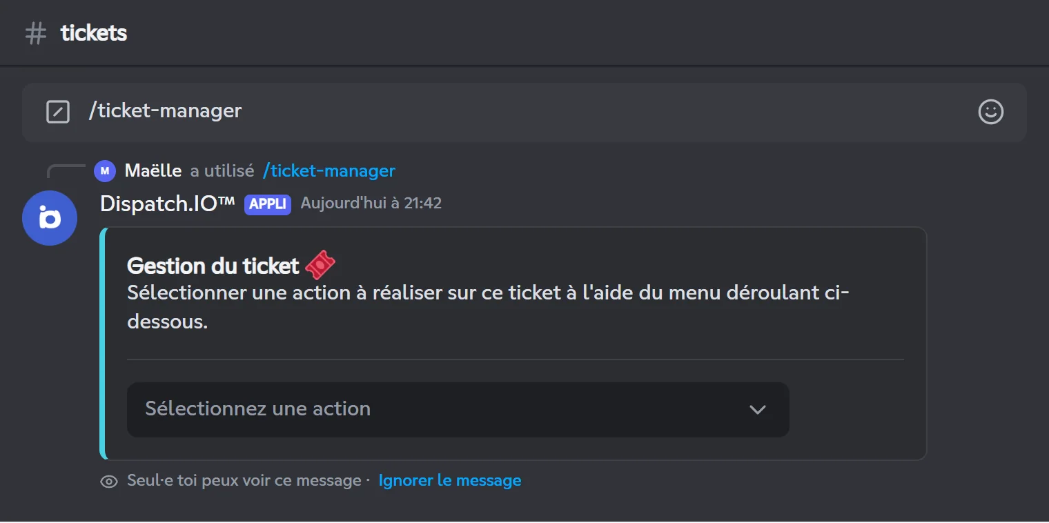 Le menu de /ticket-manager et ses cinq actions