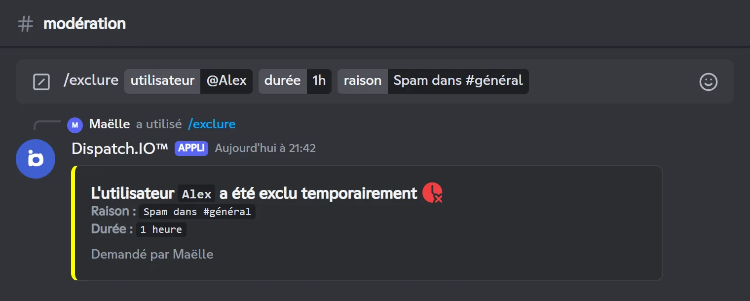 Réponse de /timeout : Alex est exclu temporairement pour 1 heure