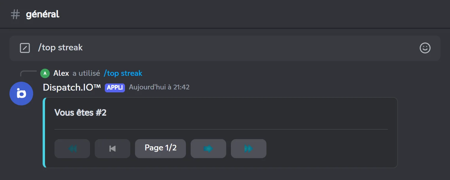 Réponse de /top streak : la ligne « Vous êtes #2 » et les boutons de pagination