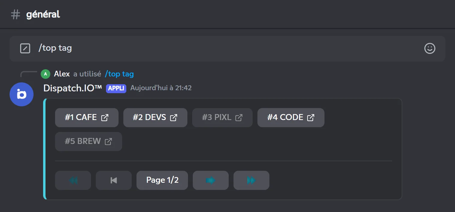 Réponse de /top tag : un bouton par tag classé, puis les boutons de pagination