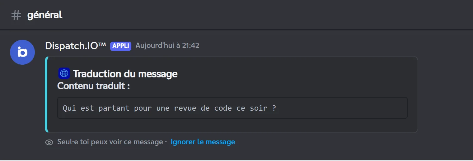 Résultat de la traduction affiché dans le panneau privé